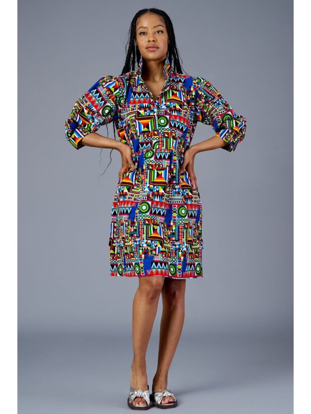 🆕 The Oula Company Geometric Print Cotton Dress Pockets Small